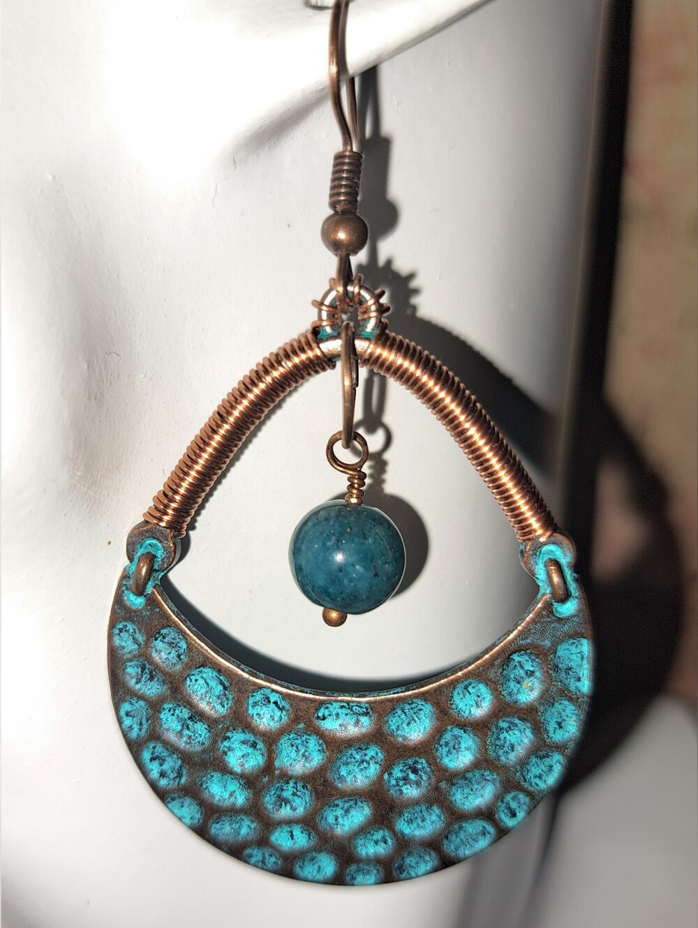Verdigris Textured Copper Half Moon Earrings with Kyanite Beads